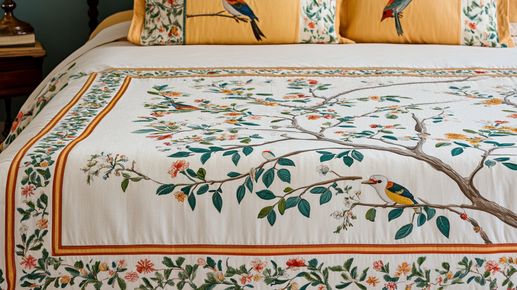 Birds on Vine-Blossom Indian Bedspread